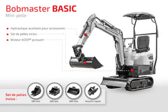 Mini-pelle Bobmaster Plus – 970 kg, diesel, bras articulé, châssis réglable neuve