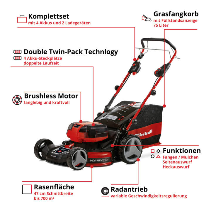 Tondeuse à gazon sans fil Einhell GE-CM 36/47 S HW Li (4 x Batteries + 2 x Chargeurs)